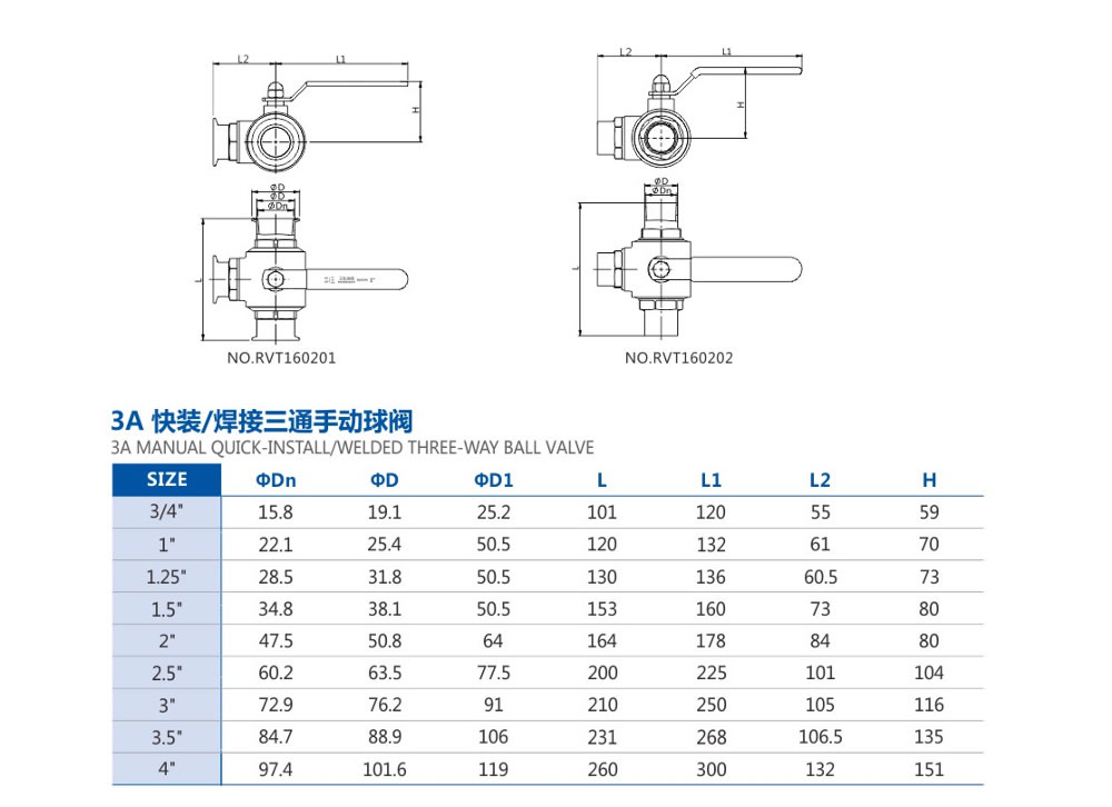 Manual sanitary stainless steel three-way full-way ball valve three clamp data picture2