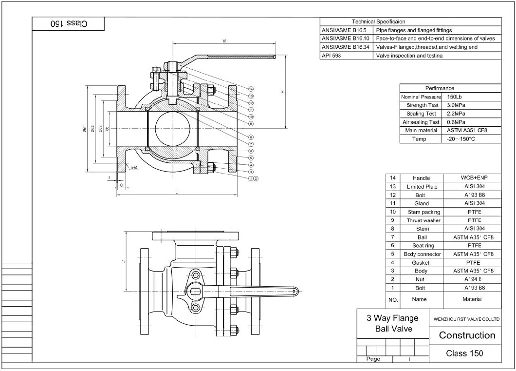 Parameter details of stainless steel flange three-way ball valve